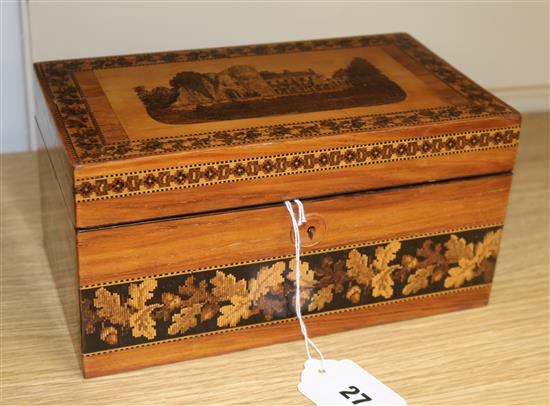 A Tunbridge ware two-division tea caddy, width 23cm height 12cm